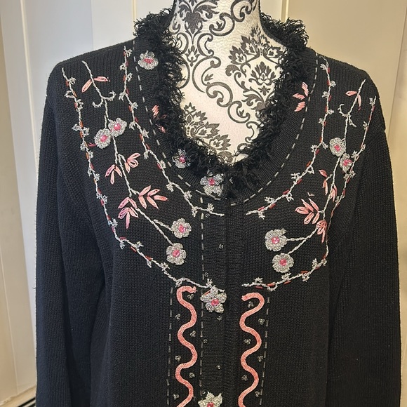 Storybook Knits Black Long Beaded Embroidered Cardigan Size L - Picture 2 of 6